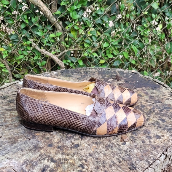 Vintage Ennesi Italy Brown/Gold Genuine Reptile Slip On Shoes - Picture 2 of 8